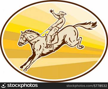 Illustration of rodeo cowboy riding horse jumping viewed from the side set inside oval with sunburst in the background done in retro style. . Rodeo Cowboy Riding Horse Oval Retro