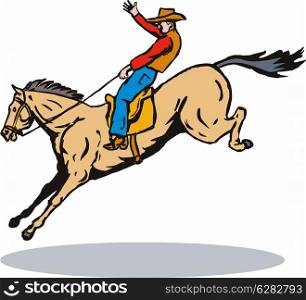 Illustration of rodeo cowboy riding jumping horse viewed from the side on isolated white background