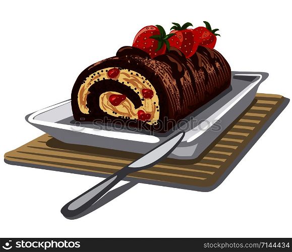 illustration of roll cake chocolate with strawberry. cake chocolate with strawberry