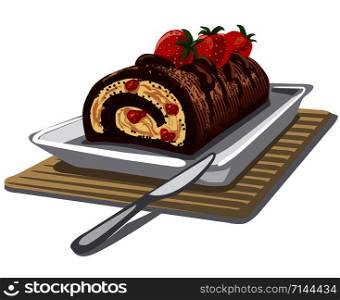 illustration of roll cake chocolate with strawberry. cake chocolate with strawberry