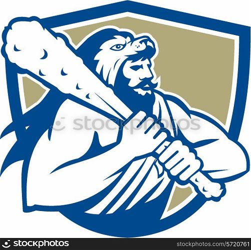 Illustration of Roman divine hero Hercules or Heracles of Greek mythology wearing a lion skin head wielding holding club set inside shield crest on isolated white background.. Hercules Lion Skin Wield Club Shield Retro