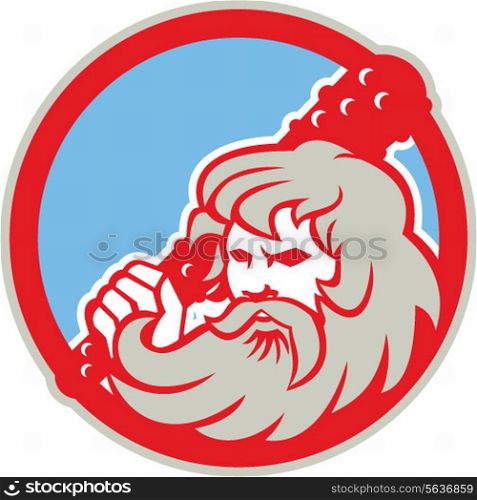 Illustration of Roman divine hero Hercules or Heracles of Greek mythology wielding holding club set inside circle on isolated white background.. Hercules Wielding Club Circle Retro