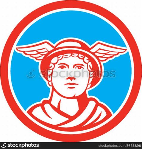 Illustration of Roman god Mercury patron god of financial gain, commerce, communication and travelers wearing winged hat facing front set inside circle on isolated background done in retro style.