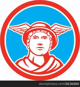 Illustration of Roman god Mercury patron god of financial gain, commerce, communication and travelers wearing winged hat facing front set inside circle on isolated background done in retro style.