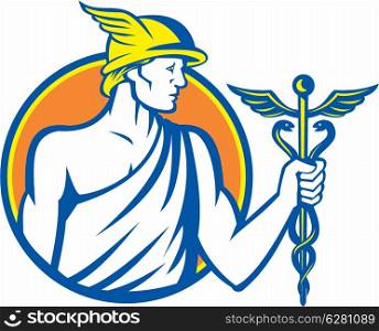 Illustration of Roman god Mercury patron god of financial gain, commerce, communication and travelers wearing winged hat and holding caduceus a herald&rsquo;s staff with two entwined snakes looking to side set inside circle on isolated background done in retro style.