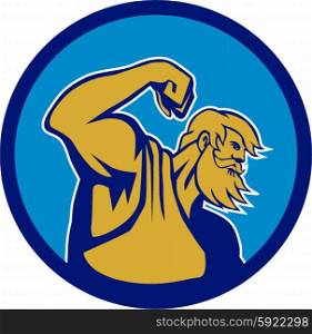 Illustration of Roman god of sea Neptune or Poseidon of Greek mythology flexing muscles viewed from the side set inside circle on isolated background done in retro style. . Neptune Poseidon Flexing Muscle Circle Retro