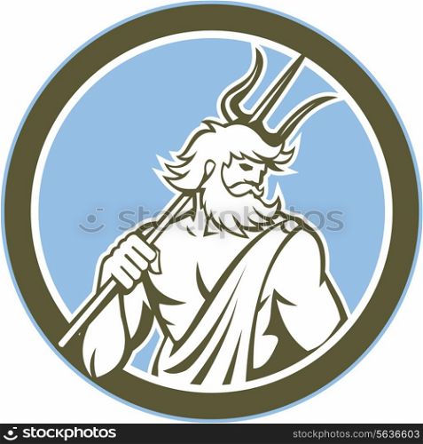 Illustration of Roman god of sea Neptune Poseidon of Greek mythology holding a trident on shoulder set inside circle on isolated background done in retro style. Neptune Poseidon Trident Circle Retro