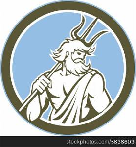 Illustration of Roman god of sea Neptune Poseidon of Greek mythology holding a trident on shoulder set inside circle on isolated background done in retro style. Neptune Poseidon Trident Circle Retro