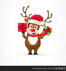 Illustration of Rudolph Christmas red-nosed reindeer holding gifts. Cartoon character, present, congratulation. Holiday concept. Can be used for topics like New Year, Christmas, celebration.