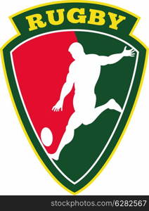 illustration of rugby player kicking ball inside shield. rugby player kicking ball shield