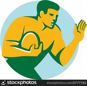 Illustration of rugby union player with ball fending hand out set inside circle on isolated background done in retro style. . Rugby Player Fend Off Circle Retro