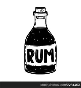 Illustration of rum bottle in engraving style. Design element for poster, card, banner, menu. Vector illustration