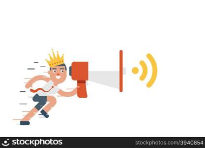 Illustration of running businessman holding megaphone with crown on his head, content marketing concept