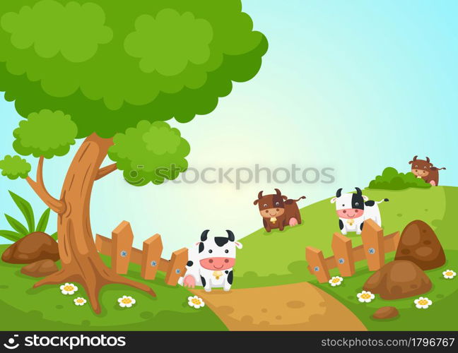illustration of rural landscape and cows