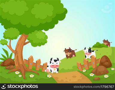 illustration of rural landscape and cows
