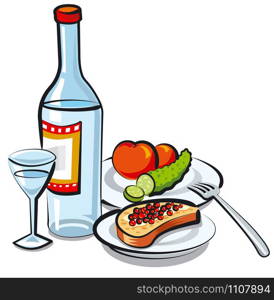 illustration of russian vodka bottle with caviar. russian vodka bottle