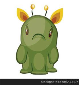 Illustration of sad green monster with yellow ears and three legs white background vector illustration.