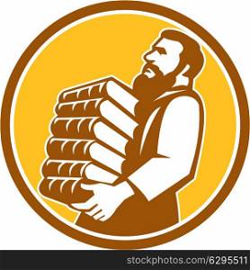 Illustration of Saint Jerome carrying a stack of books viewed from side set inside circle done in retro style.. Saint Jerome Carrying Books Retro