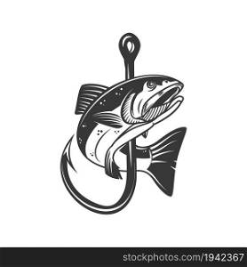 Illustration of salmon and fishing hook. Design element for poster,card, banner, sign, emblem. Vector illustration