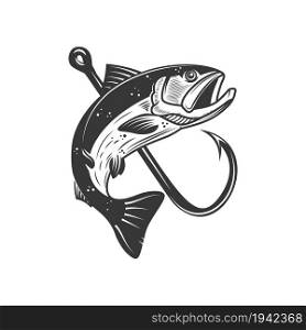 Illustration of salmon and fishing hook. Design element for poster,card, banner, sign, emblem. Vector illustration