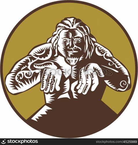 Illustration of Samoan legend god Tagaloa facing front with arms out set inside circle done in retro woodcut style. . Samoan God Tagaloa Arms Out Circle Woodcut