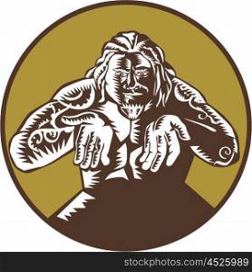Illustration of Samoan legend god Tagaloa facing front with arms out set inside circle done in retro woodcut style. . Samoan God Tagaloa Arms Out Circle Woodcut
