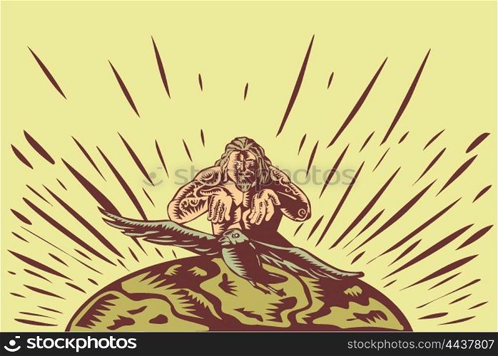 Illustration of Samoan legend god Tagaloa releasing his plover bird daughter to come down to the earth island to populate them done in retro woodcut style. Tagaloa Releasing Bird Plover Earth Woodcut