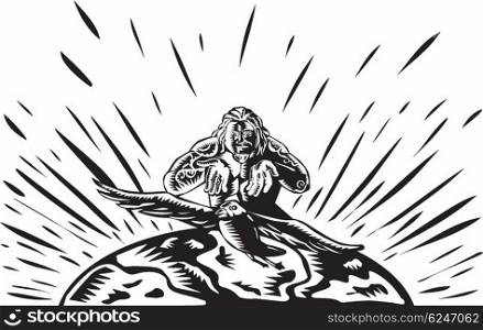 Illustration of Samoan legend god Tagaloa releasing his plover bird daughter to come down to the earth island to populate them done in retro woodcut style. Tagaloa Releasing Bird Plover Earth Woodcut