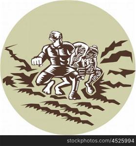 Illustration of Samoan legend Tiitii wrestling the God of Earthquake and breaking his arm set omsode circle done in retro woodcut style.. Tiitii Wrestling God of Earthquake Circle Woodcut