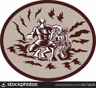 Illustration of Samoan legend Tiitii wrestling the God of Earthquake and breaking his arm set inside circle done in retro woodcut style. Tiitii Wrestling God of Earthquake Circle Woodcut