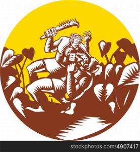 Illustration of Samoan legend wielding a club Nifo&rsquo;oti weapon defeating the god with taro plant in background done in retro woodcut style. Losi Defeating God Circle Woodcut
