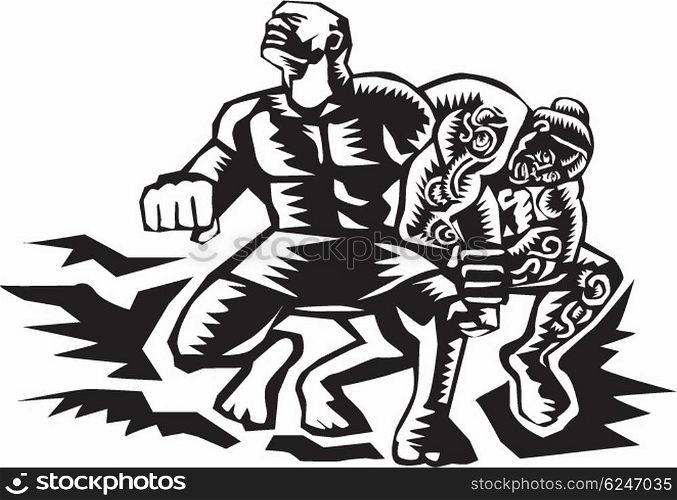 Illustration of Samoan legendTiitii wrestling the God of Earthquake and breaking his arm done in retro woodcut style.. Tiitii Wrestling God of Earthquake Woodcut