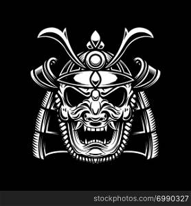 illustration of samurai helmet in tattoo style isolated on dark background. Design element for emblem, sign, poster, card. Vector image