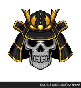 Illustration of samurai human skull mascot character wearing military helmet. Samurai skull graphic character