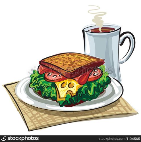 illustration of sandwich with sausage, cheese and mug of coffee. sandwich with sausage