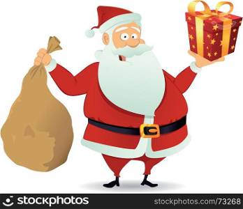 Illustration of santa claus delivering gift box and holding his bag full for christmas holidays. Santa Delivery
