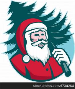 Illustration of santa claus kris kringle carrying a christmas tree facing front set inside circle done in retro style on isolated white background.