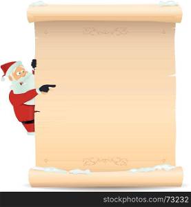 Illustration of Santa Claus pointing christmas parchment sign for children gift or toys wish list. Santa Pointing Christmas List