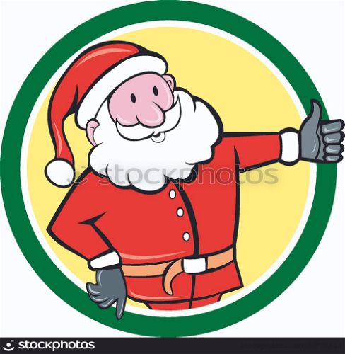 Illustration of santa claus saint nicholas father christmas standing thumbs up set inside circle on isolated white background done in cartoon style. . Santa Claus Father Christmas Thumbs Up Circle Cartoon