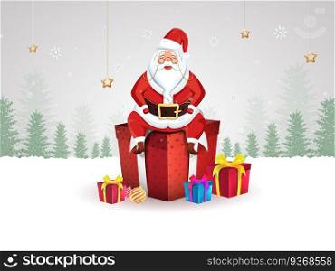 Illustration Of Santa Claus Sitting On 3D Gift Boxes With Baubles And Golden Stars Hang Decorated Snowy Landscape Background