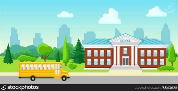 Illustration of school building and bus.. Illustration of school building and bus. City landscape with houses, trees and clouds.