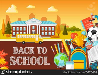 Illustration of school building and bus.. Illustration of school building and bus. City landscape with education items.