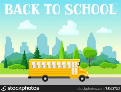 Illustration of school bus.. Illustration of school bus. City landscape with houses, trees and clouds.