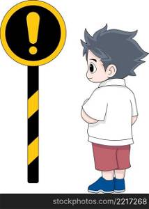 Illustration of school children understanding signs, warning signs, cartoon flat illustration
