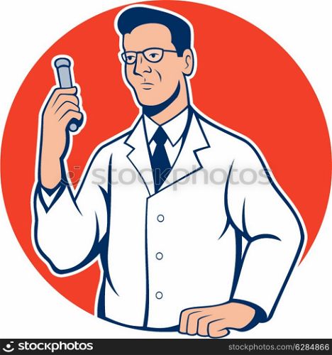 Illustration of scientist laboratory researcher chemist holding test tube done in cartoon style. . Scientist Lab Researcher Chemist Cartoon