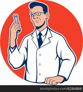 Illustration of scientist laboratory researcher chemist holding test tube done in cartoon style. . Scientist Lab Researcher Chemist Cartoon