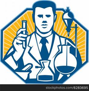 Illustration of scientist laboratory researcher chemist holding test tube flask done in retro style.