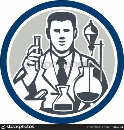 Illustration of scientist laboratory researcher chemist holding test tube with flasks facing front set inside circle on isolated background done in retro style. . Scientist Lab Researcher Chemist Retro Circle