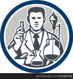Illustration of scientist laboratory researcher chemist holding test tube with flasks facing front set inside circle on isolated background done in retro style. . Scientist Lab Researcher Chemist Retro Circle