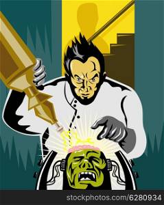 Illustration of scientist laboratory researcher chemist working on a Frankenstein done in retro style.